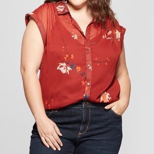 Ava & Viv Sheer Red Floral Short Sleeve Button Up